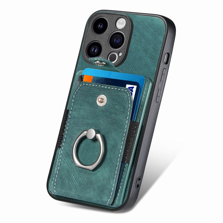 For iPhone 15 Pro Max Retro Skin-feel Ring Card Wallet Phone Case(Green) - HoMEdemic™ 
