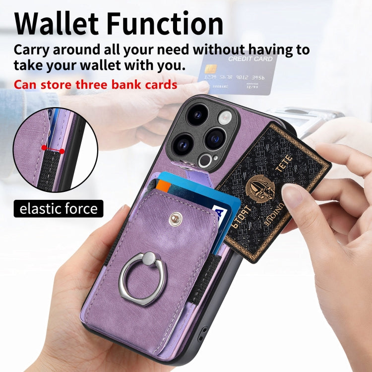 For iPhone 15 Pro Max Retro Skin-feel Ring Card Wallet Phone Case(Purple) - HoMEdemic™ 