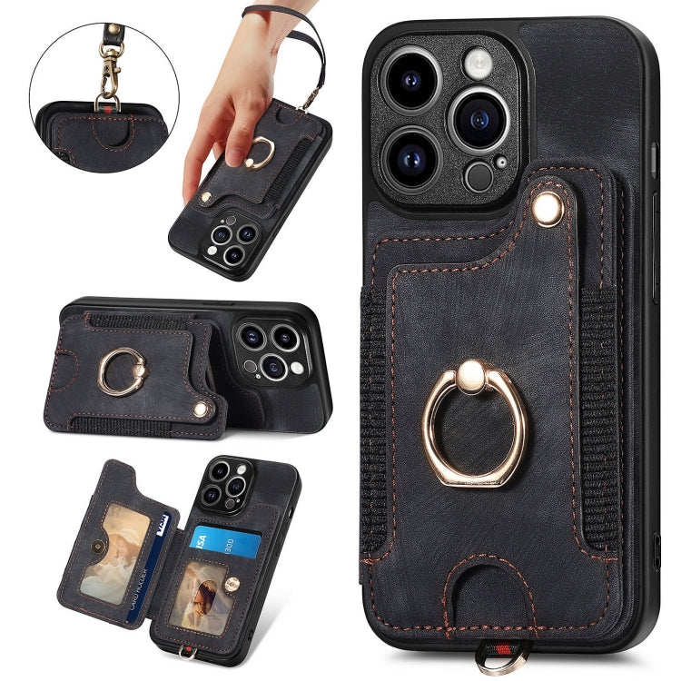 For iPhone 15 Pro Max Retro Skin-feel Ring Multi-card Wallet Phone Case(Black) - HoMEdemic™ 