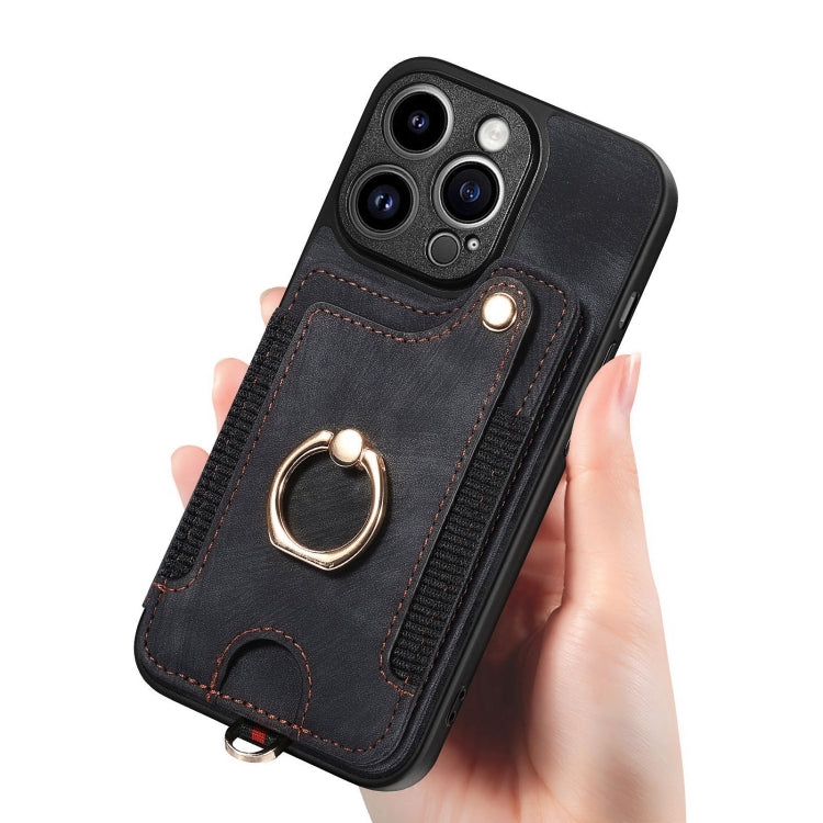For iPhone 15 Pro Max Retro Skin-feel Ring Multi-card Wallet Phone Case(Black) - HoMEdemic™ 