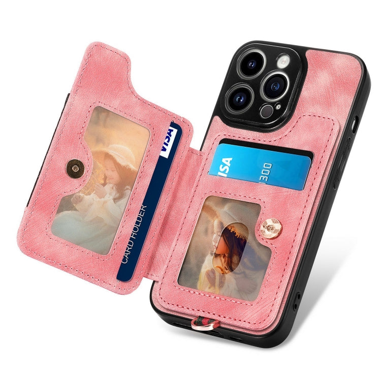 For iPhone 15 Pro Max Retro Skin-feel Ring Multi-card Wallet Phone Case(Pink) - HoMEdemic™ 