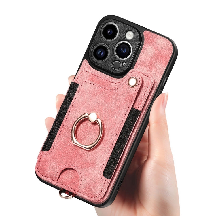 For iPhone 15 Pro Max Retro Skin-feel Ring Multi-card Wallet Phone Case(Pink) - HoMEdemic™ 