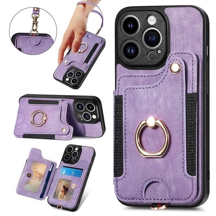 For iPhone 15 Pro Max Retro Skin-feel Ring Multi-card Wallet Phone Case(Purple) - HoMEdemic™ 