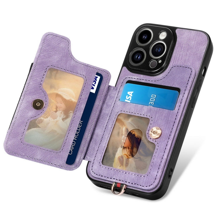 For iPhone 15 Pro Max Retro Skin-feel Ring Multi-card Wallet Phone Case(Purple) - HoMEdemic™ 