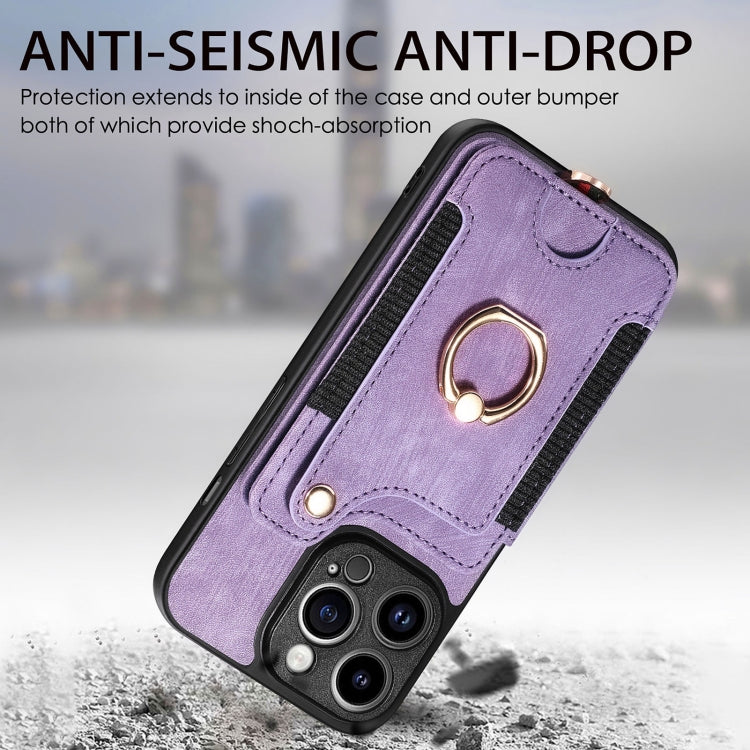 For iPhone 15 Pro Max Retro Skin-feel Ring Multi-card Wallet Phone Case(Purple) - HoMEdemic™ 