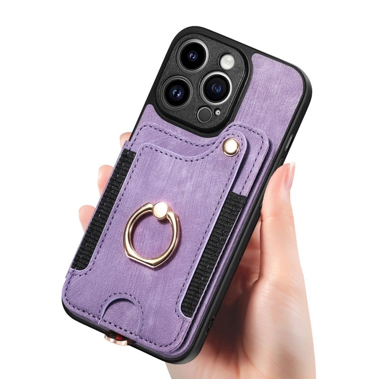 For iPhone 15 Pro Max Retro Skin-feel Ring Multi-card Wallet Phone Case(Purple) - HoMEdemic™ 