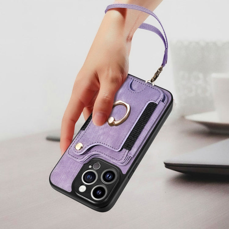 For iPhone 15 Pro Max Retro Skin-feel Ring Multi-card Wallet Phone Case(Purple) - HoMEdemic™ 