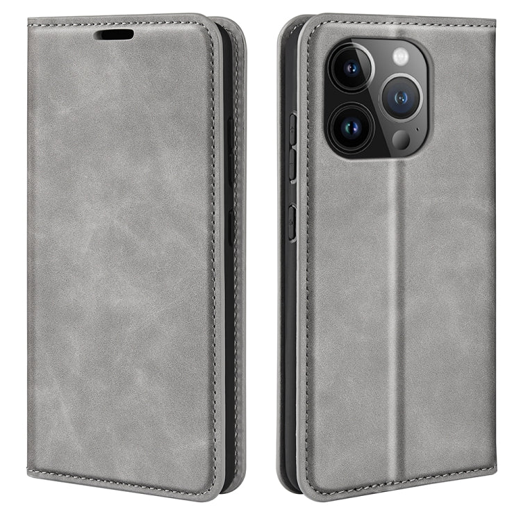 For iPhone 15 Pro Max Retro-skin Magnetic Suction Leather Phone Case(Grey) - HoMEdemic™ 