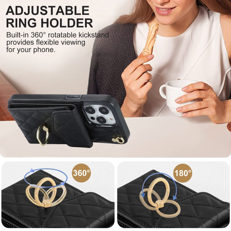 For iPhone 15 Pro Max Rhombic Texture Card Bag Phone Case with Long Lanyard(Black) - HoMEdemic™ 