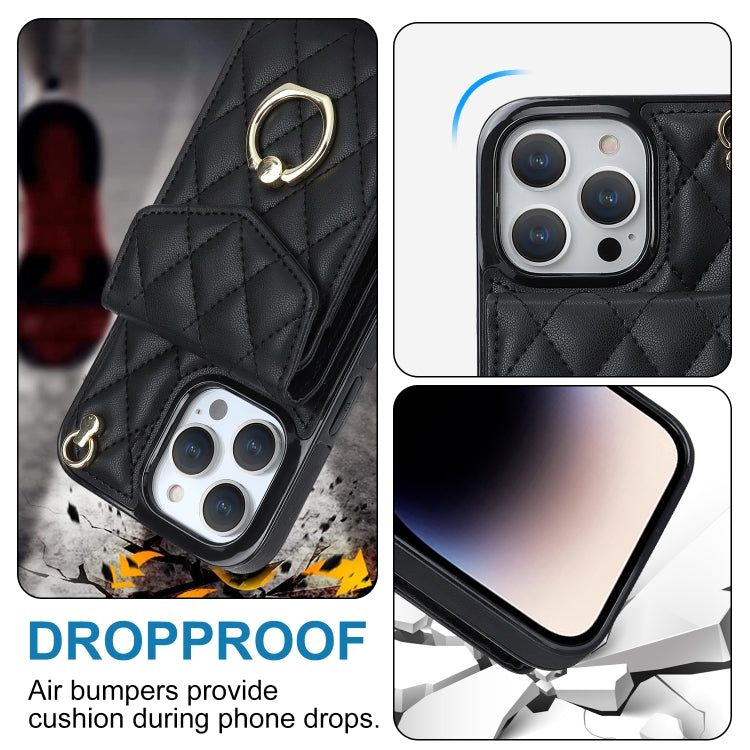 For iPhone 15 Pro Max Rhombic Texture Card Bag Phone Case with Long Lanyard(Black) - HoMEdemic™ 