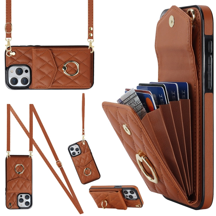 For iPhone 15 Pro Max Rhombic Texture Card Bag Phone Case with Long Lanyard(Brown) - HoMEdemic™ 