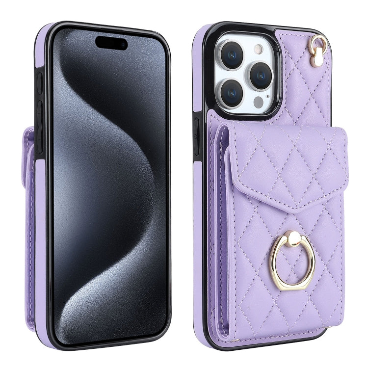 For iPhone 15 Pro Max Rhombic Texture Card Bag Phone Case with Long Lanyard(Light Purple) - HoMEdemic™ 
