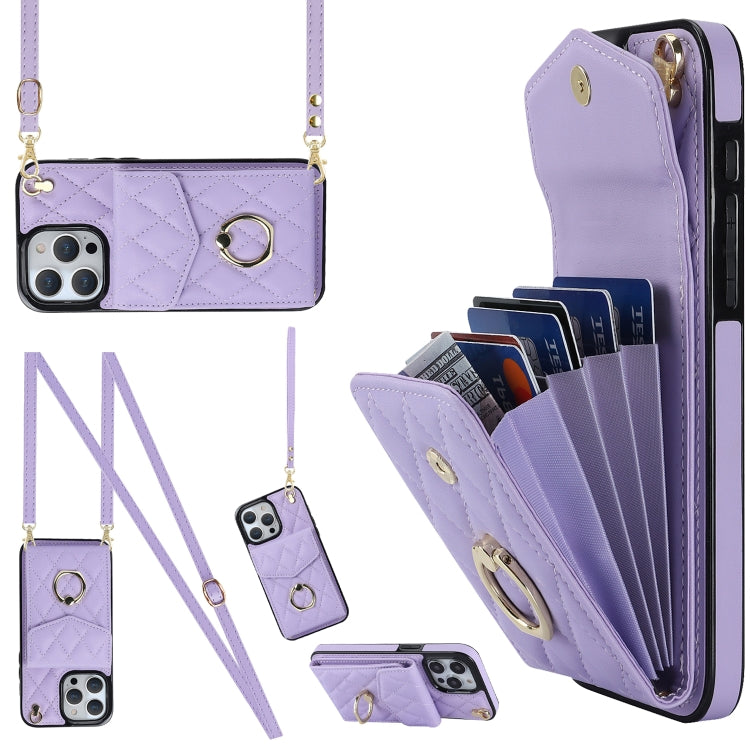 For iPhone 15 Pro Max Rhombic Texture Card Bag Phone Case with Long Lanyard(Light Purple) - HoMEdemic™ 
