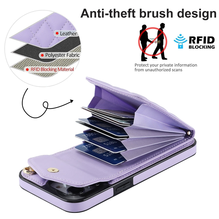 For iPhone 15 Pro Max Rhombic Texture Card Bag Phone Case with Long Lanyard(Light Purple) - HoMEdemic™ 
