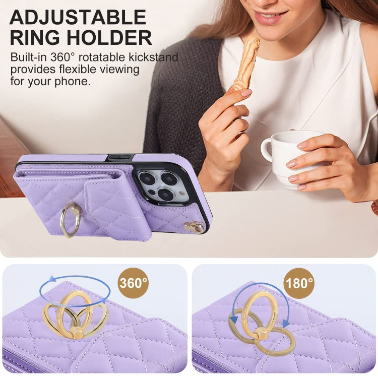 For iPhone 15 Pro Max Rhombic Texture Card Bag Phone Case with Long Lanyard(Light Purple) - HoMEdemic™ 