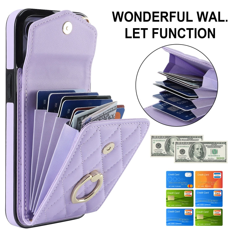 For iPhone 15 Pro Max Rhombic Texture Card Bag Phone Case with Long Lanyard(Light Purple) - HoMEdemic™ 