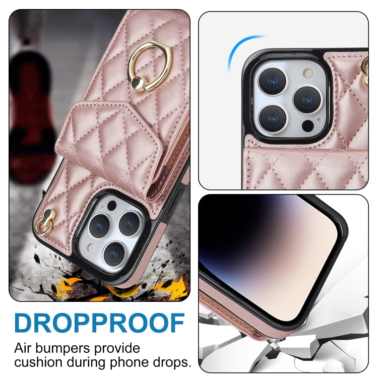 For iPhone 15 Pro Max Rhombic Texture Card Bag Phone Case with Long Lanyard(Rose Gold) - HoMEdemic™ 