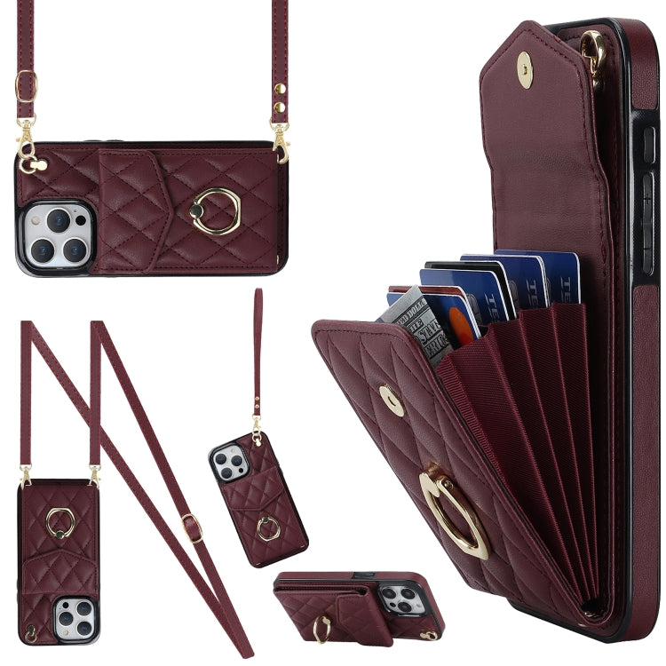 For iPhone 15 Pro Max Rhombic Texture Card Bag Phone Case with Long Lanyard(Wine Red) - HoMEdemic™ 