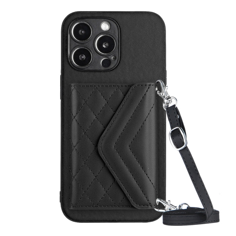 For iPhone 15 Pro Max Rhombic Texture Card Bag RFID Phone Case with Long Lanyard(Black) - HoMEdemic™ 
