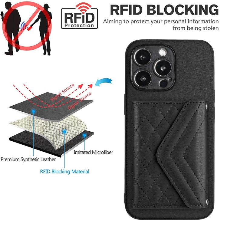 For iPhone 15 Pro Max Rhombic Texture Card Bag RFID Phone Case with Long Lanyard(Black) - HoMEdemic™ 