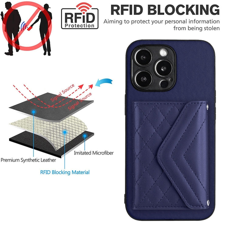 For iPhone 15 Pro Max Rhombic Texture Card Bag RFID Phone Case with Long Lanyard(Blue) - HoMEdemic™ 