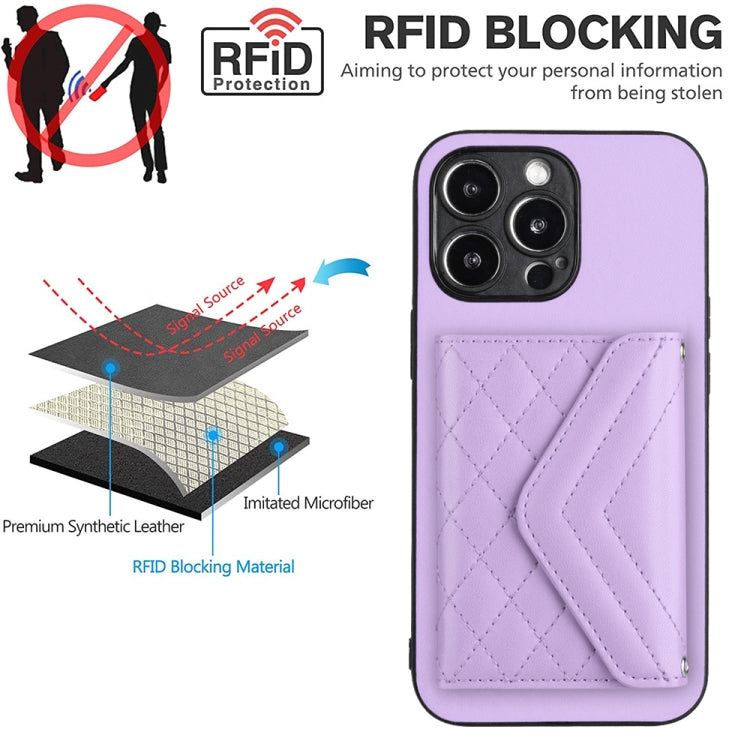For iPhone 15 Pro Max Rhombic Texture Card Bag RFID Phone Case with Long Lanyard(Light Purple) - HoMEdemic™ 