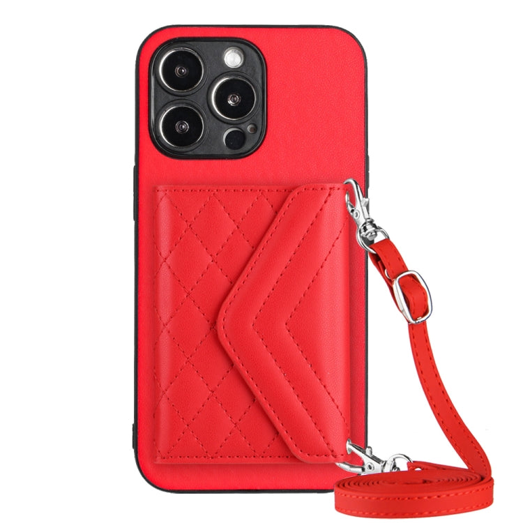 For iPhone 15 Pro Max Rhombic Texture Card Bag RFID Phone Case with Long Lanyard(Red) - HoMEdemic™ 