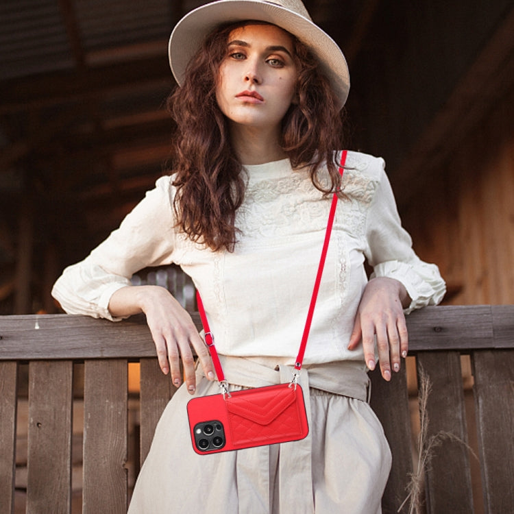 For iPhone 15 Pro Max Rhombic Texture Card Bag RFID Phone Case with Long Lanyard(Red) - HoMEdemic™ 