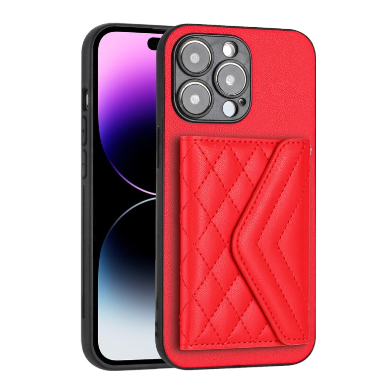 For iPhone 15 Pro Max Rhombic Texture Card Bag RFID Phone Case with Long Lanyard(Red) - HoMEdemic™ 