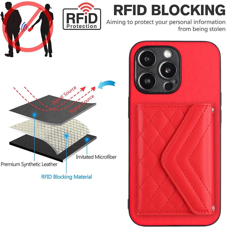 For iPhone 15 Pro Max Rhombic Texture Card Bag RFID Phone Case with Long Lanyard(Red) - HoMEdemic™ 