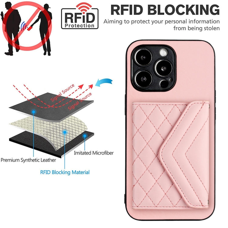 For iPhone 15 Pro Max Rhombic Texture Card Bag RFID Phone Case with Long Lanyard(Rose Gold) - HoMEdemic™ 
