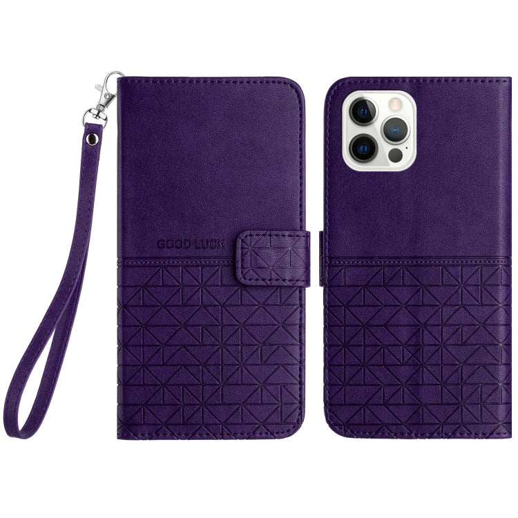 For iPhone 15 Pro Max Rhombic Texture Leather Phone Case with Lanyard(Purple) - HoMEdemic™ 