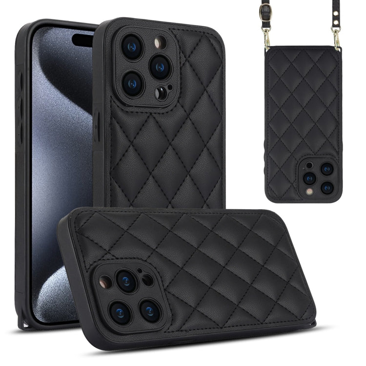For iPhone 15 Pro Max Rhombic Texture Phone Case with Dual Lanyard(Black) - HoMEdemic™ 
