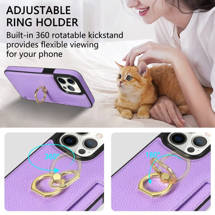 For iPhone 15 Pro Max Ring Card  Litchi Leather Back Phone Case(Purple) - HoMEdemic™ 