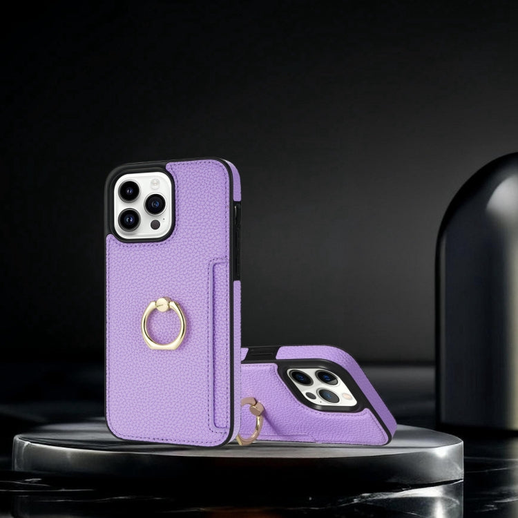 For iPhone 15 Pro Max Ring Card  Litchi Leather Back Phone Case(Purple) - HoMEdemic™ 