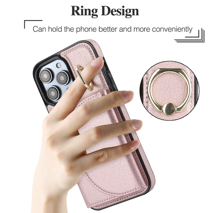 For iPhone 15 Pro Max Ring Holder Card Bag Skin Feel Phone Case(Rose Gold) - HoMEdemic™ 