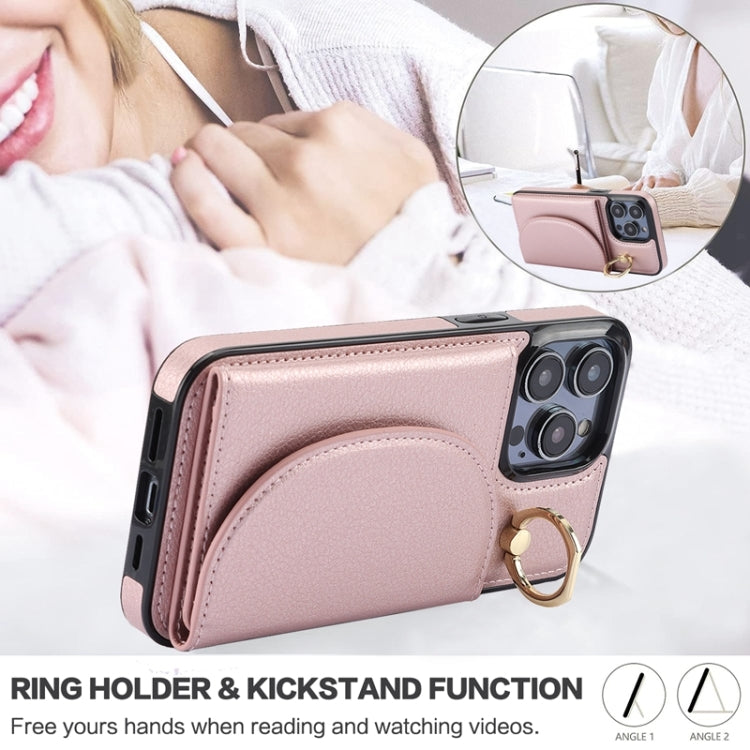 For iPhone 15 Pro Max Ring Holder Card Bag Skin Feel Phone Case(Rose Gold) - HoMEdemic™ 