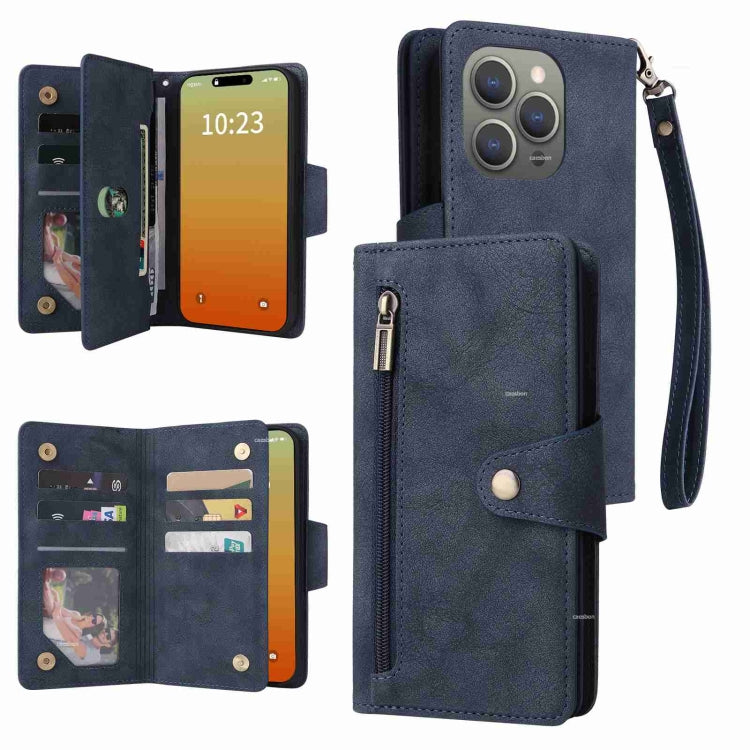 For iPhone 15 Pro Max Rivet Buckle 9 Cards Three Fold Leather Phone Case(Blue) - HoMEdemic™ 