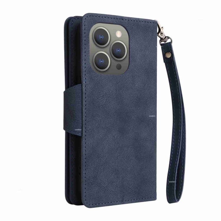 For iPhone 15 Pro Max Rivet Buckle 9 Cards Three Fold Leather Phone Case(Blue) - HoMEdemic™ 