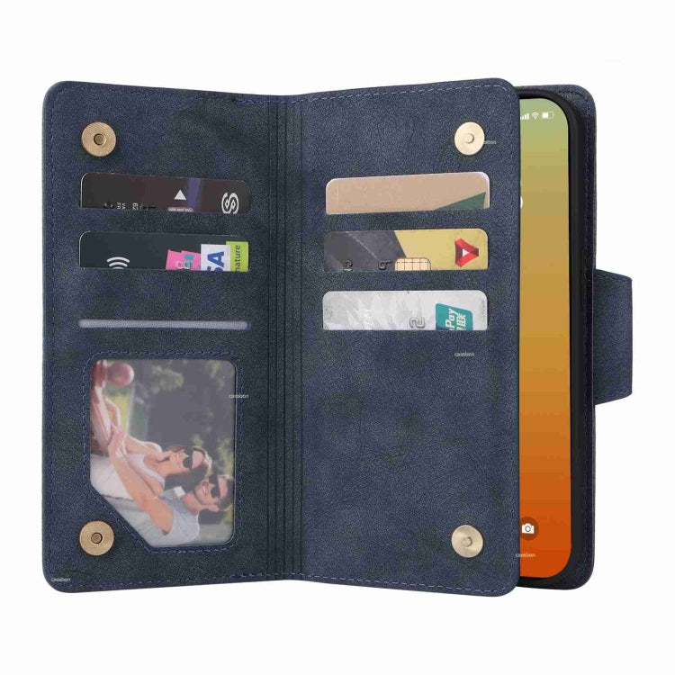 For iPhone 15 Pro Max Rivet Buckle 9 Cards Three Fold Leather Phone Case(Blue) - HoMEdemic™ 