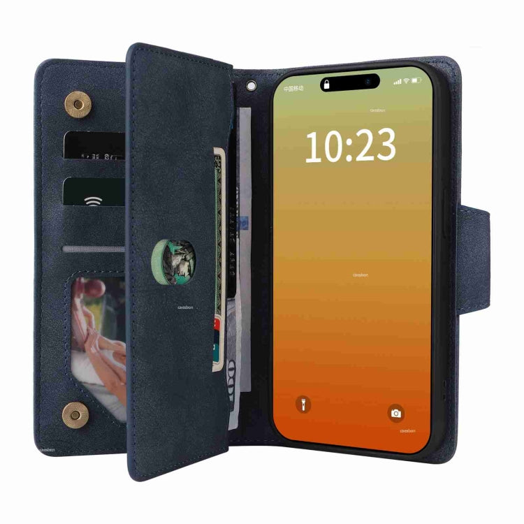 For iPhone 15 Pro Max Rivet Buckle 9 Cards Three Fold Leather Phone Case(Blue) - HoMEdemic™ 