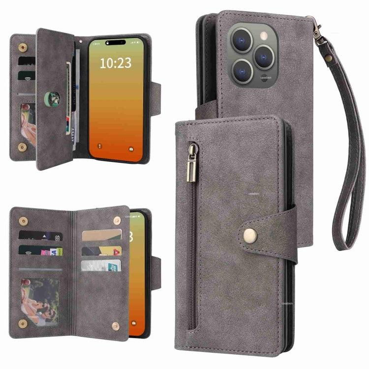 For iPhone 15 Pro Max Rivet Buckle 9 Cards Three Fold Leather Phone Case(Grey) - HoMEdemic™ 