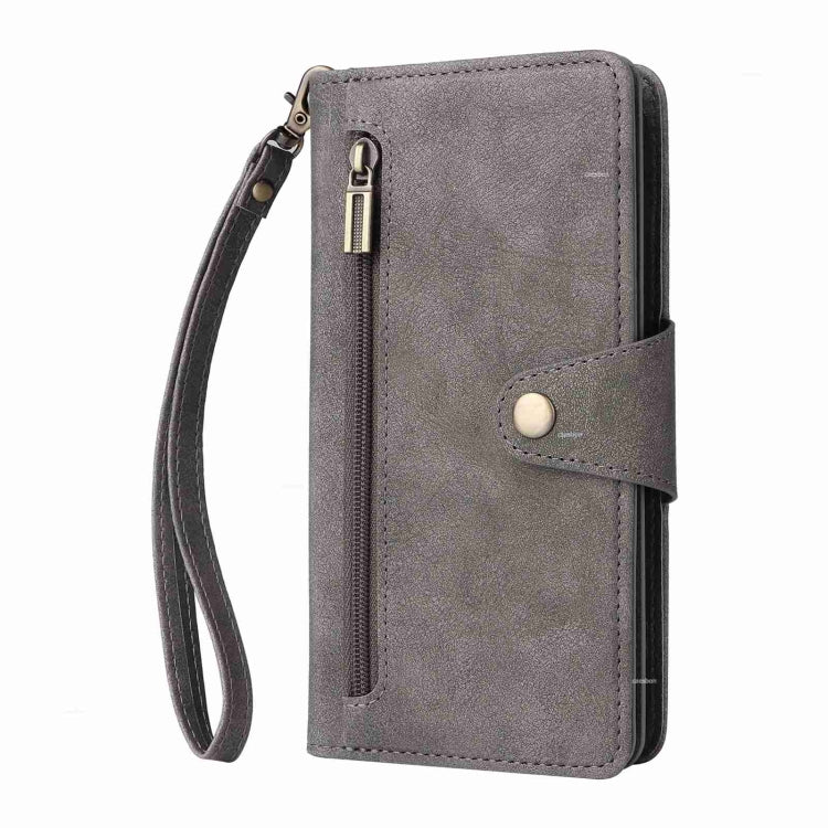 For iPhone 15 Pro Max Rivet Buckle 9 Cards Three Fold Leather Phone Case(Grey) - HoMEdemic™ 