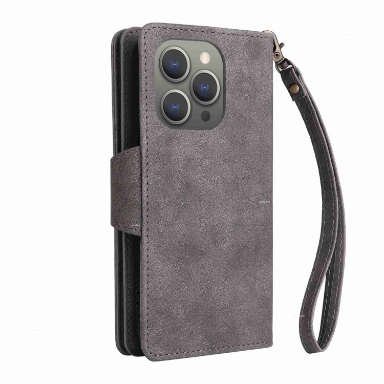 For iPhone 15 Pro Max Rivet Buckle 9 Cards Three Fold Leather Phone Case(Grey) - HoMEdemic™ 