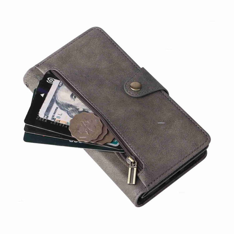 For iPhone 15 Pro Max Rivet Buckle 9 Cards Three Fold Leather Phone Case(Grey) - HoMEdemic™ 