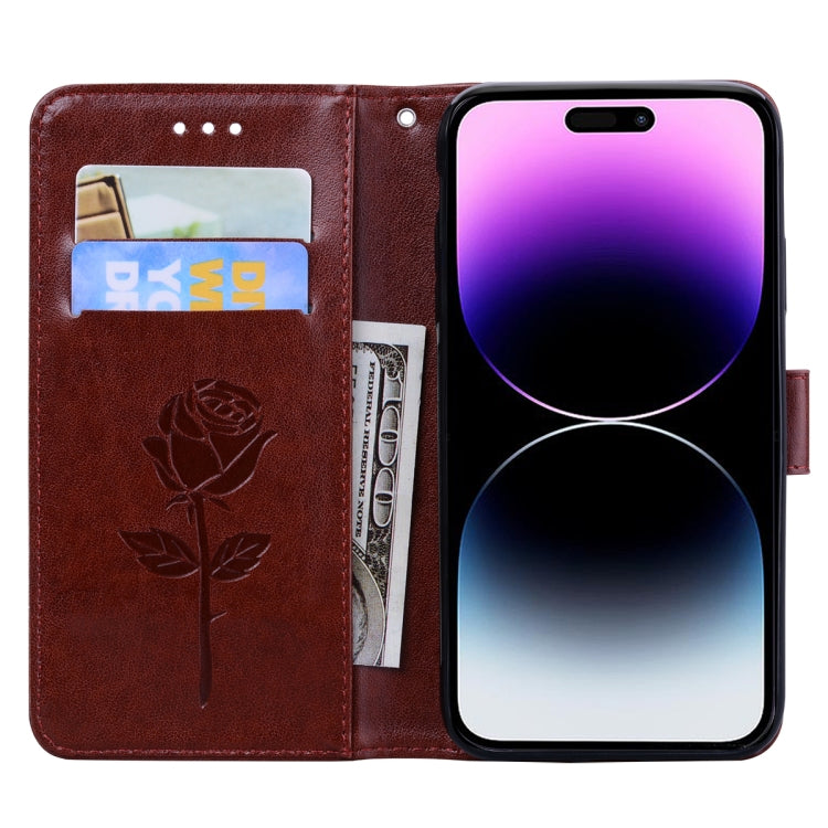 For iPhone 15 Pro Max Rose Embossed Flip PU Leather Phone Case(Brown) - HoMEdemic™ 