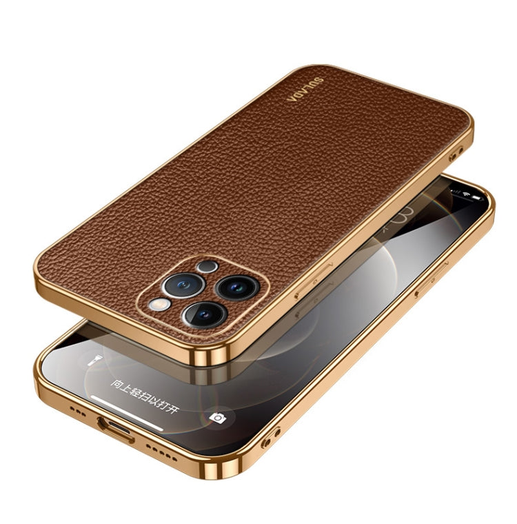 For iPhone 15 Pro Max SULADA TPU + Litchi Texture Leather Phone Case(Brown) - HoMEdemic™ 