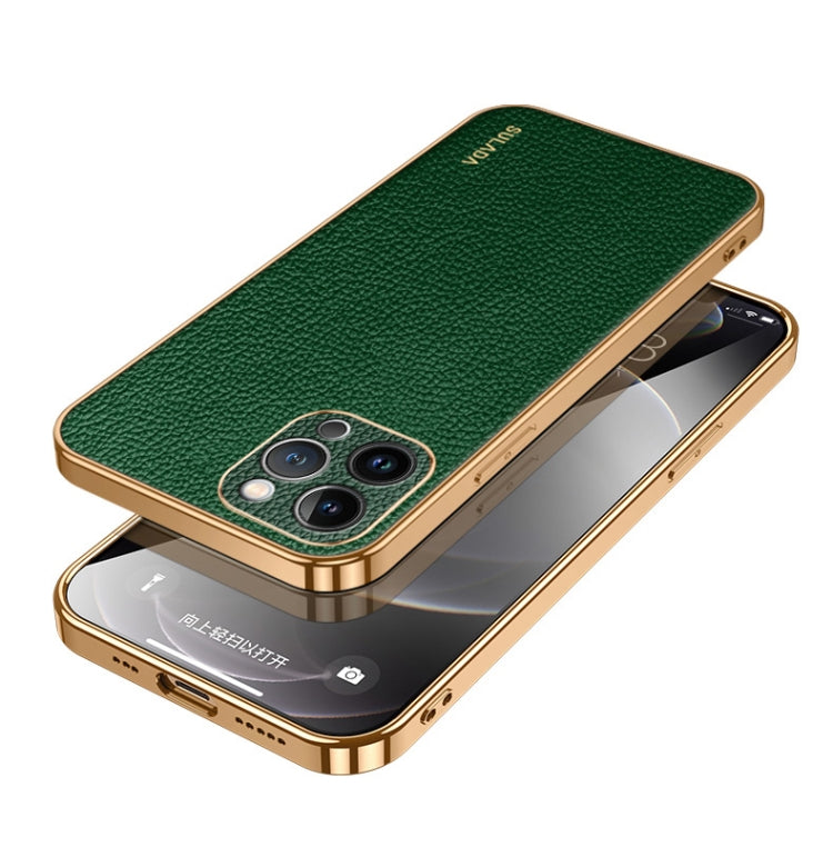 For iPhone 15 Pro Max SULADA TPU + Litchi Texture Leather Phone Case(Green) - HoMEdemic™ 