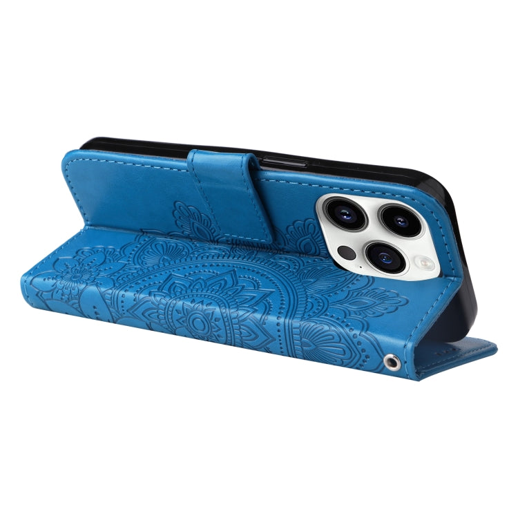 For iPhone 15 Pro Max Seven-petal Flowers Embossing Leather Phone Case(Blue) - HoMEdemic™ 
