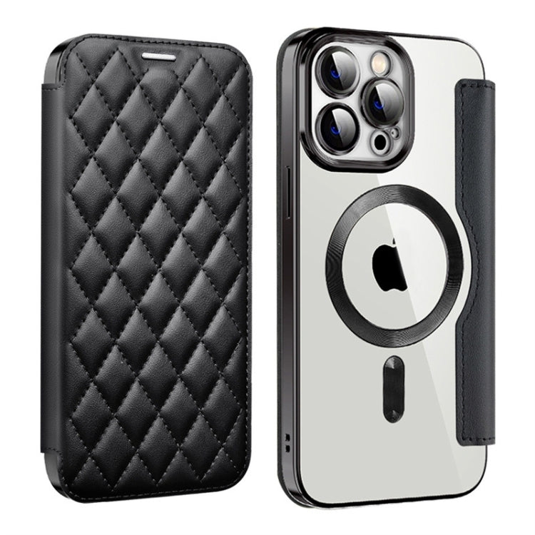 For iPhone 15 Pro Max Shield Magsafe RFID Anti-theft Rhombus Leather Phone Case(Black) - HoMEdemic™ 
